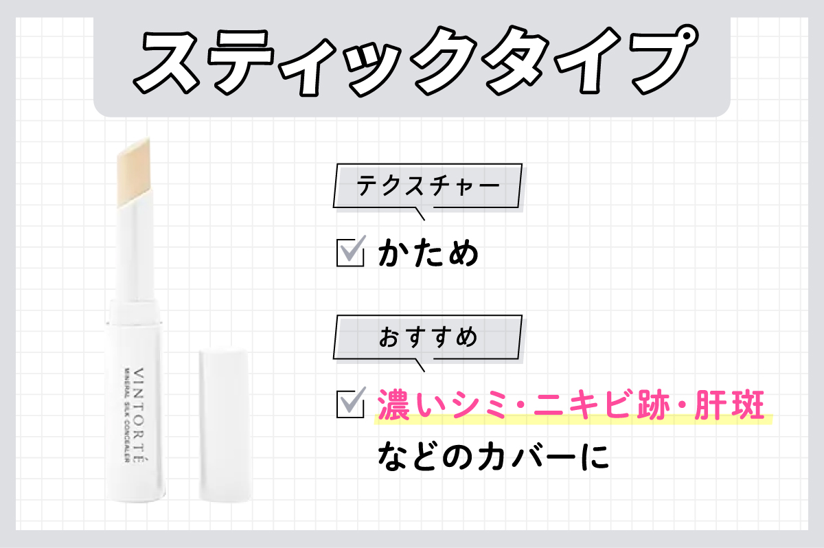 スティックタイプはかためのテクスチャーで濃いシミ・ニキビ跡・肝斑などのカバーにおすすめです。
