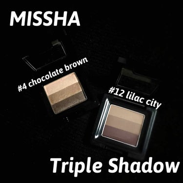 ✔️MISSHA トリプルシャドウ
#4 CHOCOLATE BROWN
#12 LILAC CITY

2枚目スウォッチ、3枚目は指一本で3色綺麗に取れるのか？っていう検証動画（笑）です。
スウォッチ