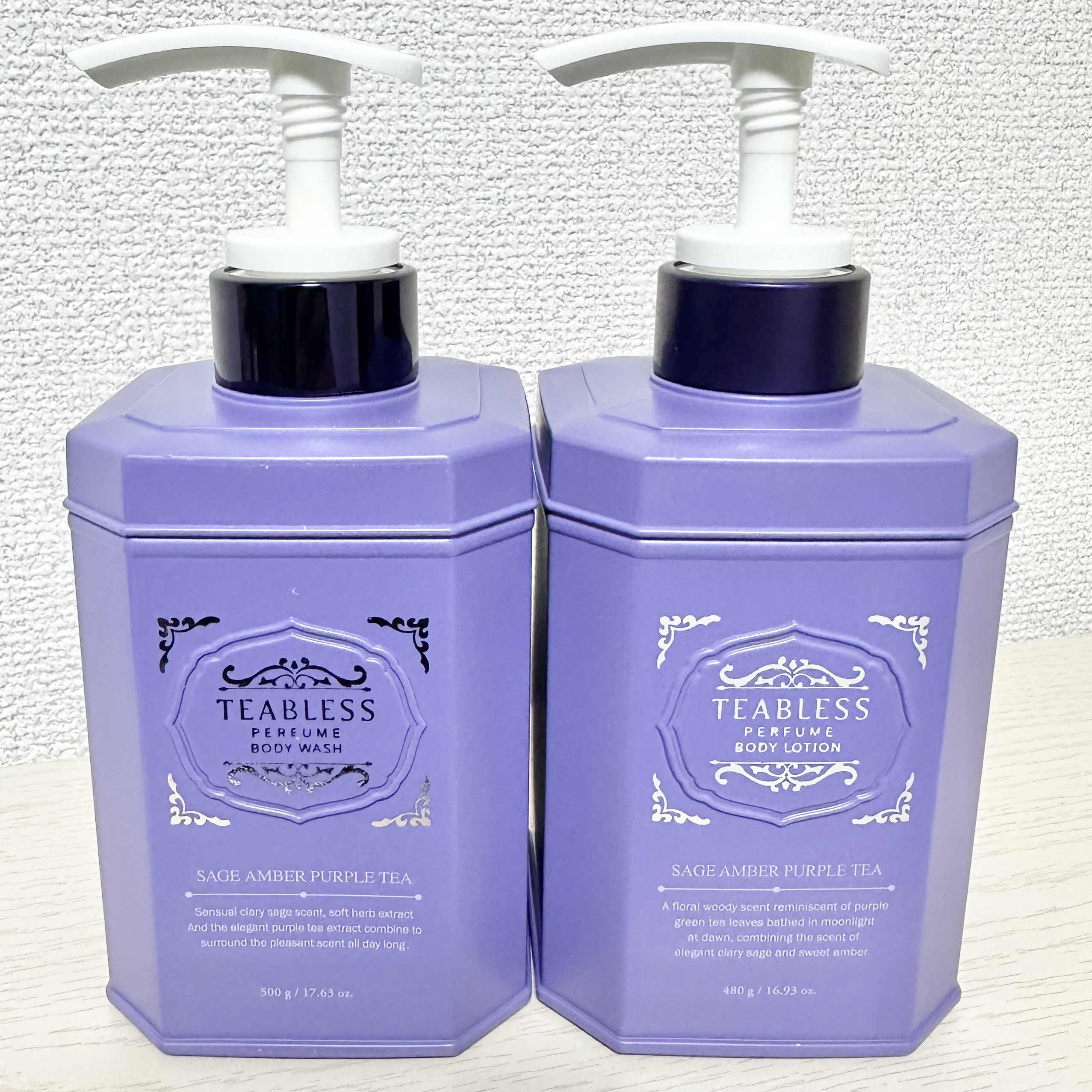 TEABLESS パフュームボディウォッシュ／パフュームボディローション
💜セイジアンバーパープルティー


上品なフローラルウッディの香りがすごく好みでした！


ボディウォッシュはマイルドなスクラブ入りで角質ケアもできる✨


ボディ