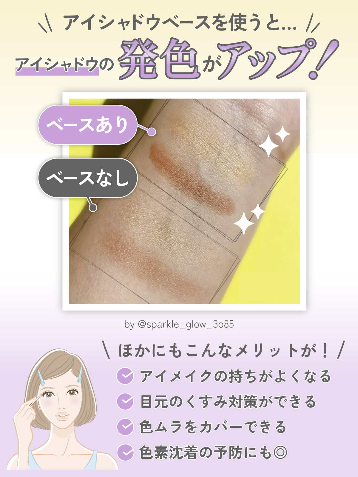 アイシャドウベースを使うとアイシャドウの発色がアップ！ほかにもこんなメリットが！アイメイクの持ちがよくなる。目元のくすみ対策ができる。 色ムラをカバーできる。色素沈着の予防にも◎。