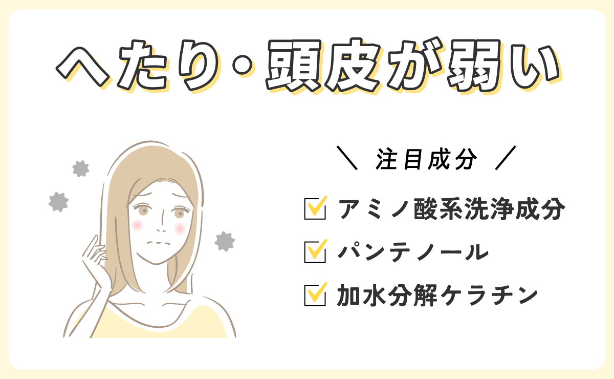  へたり・頭皮が弱いならアミノ酸系洗浄成分・パンテノール・加水分解ケラチンに注目。