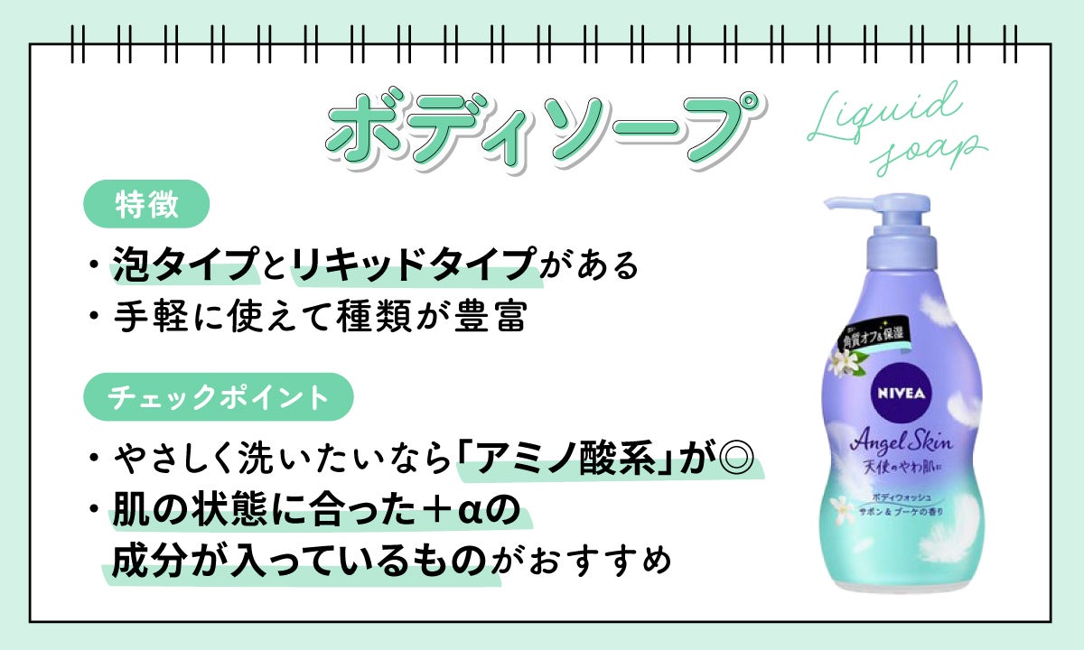 ボディソープは、泡タイプとリキッドタイプがあり、手軽に使えて種類が豊富なのが特徴。やさしく洗いたいなら「アミノ酸系」が◎。肌の状態に合った＋αの成分が入っているものがおすすめ。