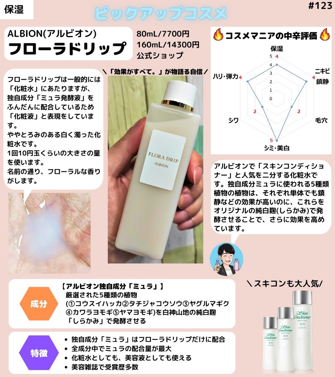 【明日も華やぐ肌に】
ALBION (アルビオン)
フローラドリップ
80mL / 7,700円
160mL / 14,300円

【アルビオン独自成分「ミュラ」】
厳選された以下の5種類の植物を、白神山地の純白麹「しらかみ」で発酵させます