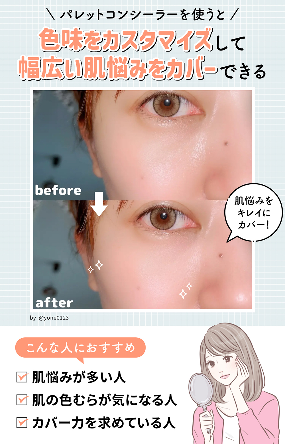 パレットコンシーラーを使うと色味をカスタマイズして幅広い肌悩みをカバーできる。肌悩みが多い人、肌の色むらが気になる人、カバー力を求めている人におすすめ。