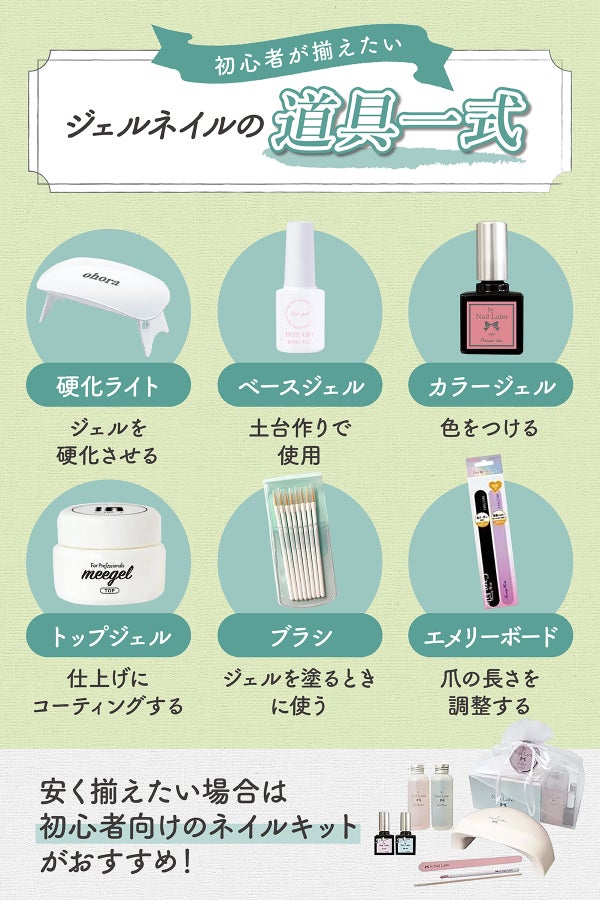 初心者が揃えたいジェルネイルの道具一式は、硬化ライト、ベースジェル、カラージェル、トップジェル、ブラシ、エメリーボードなど。