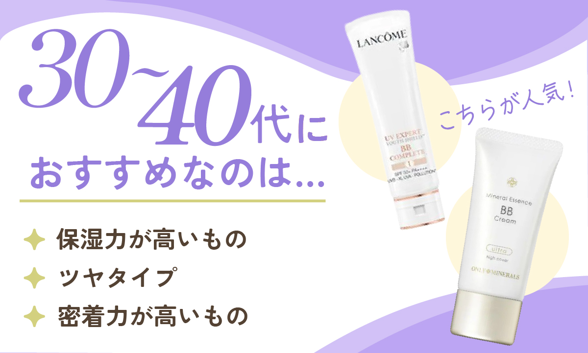 30代～40代におすすめなのは、保湿力が高いもの、ツヤタイプ 密着力が高いもの。