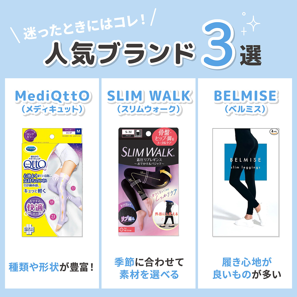 迷ったときにはコレ！人気ブランド3選。MediQttO（メディキュット）は種類や形状が豊富！SLIM WALK（スリムウォーク）は季節に合わせて素材を選べる。BELMISE（ベルミス）は履き心地が良いものが多い。