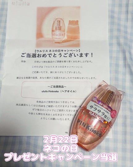 ululis ウルリス ピンクネコ  ウォーターコンク スリーク ヘアオイルのクチコミ「#PR#提供
2月22日ネコの日😸
ウルリスネコの日キャンペーンに当選😸
ululis pi.....」(1枚目)