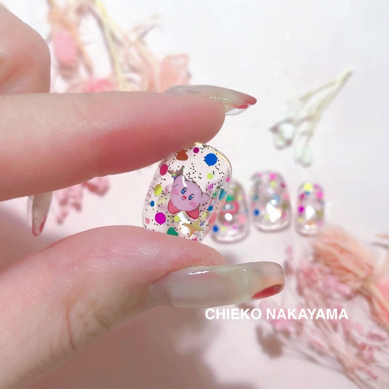 #ネイル,#塗りかけネイル,#ゆめかわネイル,#ファンシーネイル,#チャーミングシールネイル,#カービィネイルのネイルデザイン