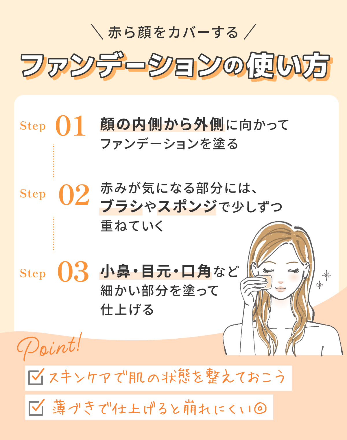 赤ら顔をカバーするファンデーションの使い方。顔の内側から外側に向かってファンデーションを塗る。赤みが気になる部分には、ブラシやスポンジで少しずつ重ね、小鼻・目元・口角など細かい部分を塗って仕上げる。スキンケアで肌の状態を整えて、薄づきで仕上げると崩れにくい◎