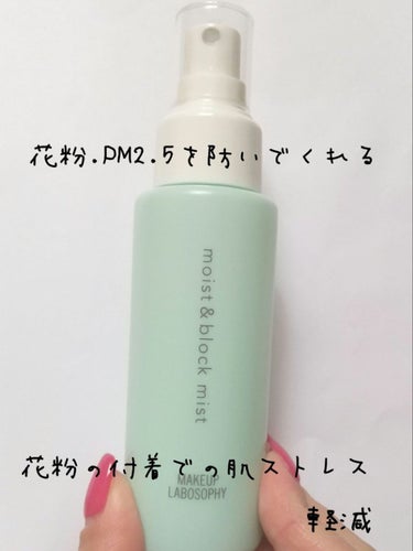 【使った商品】
MAKEUP LABOSOPHY モイスト&ブロック ミスト
¥550 (私はディスカウントストアで購入)
【商品の特徴】
花粉・PM2.5の付着を防いでくれる。
メイクの上から使えて、