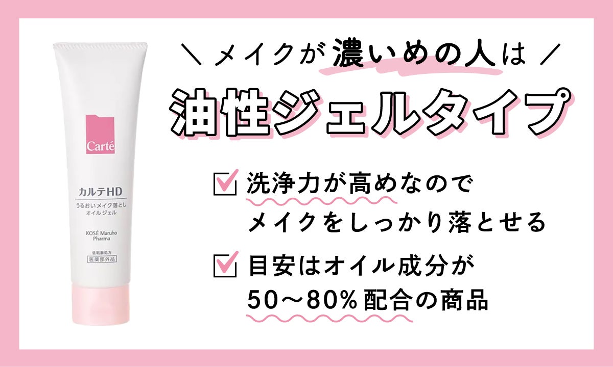 油性ジェルタイプは、メイクが濃いめの人におすすめ。油分が多く配合されているので、洗浄力が高いのがメリット。