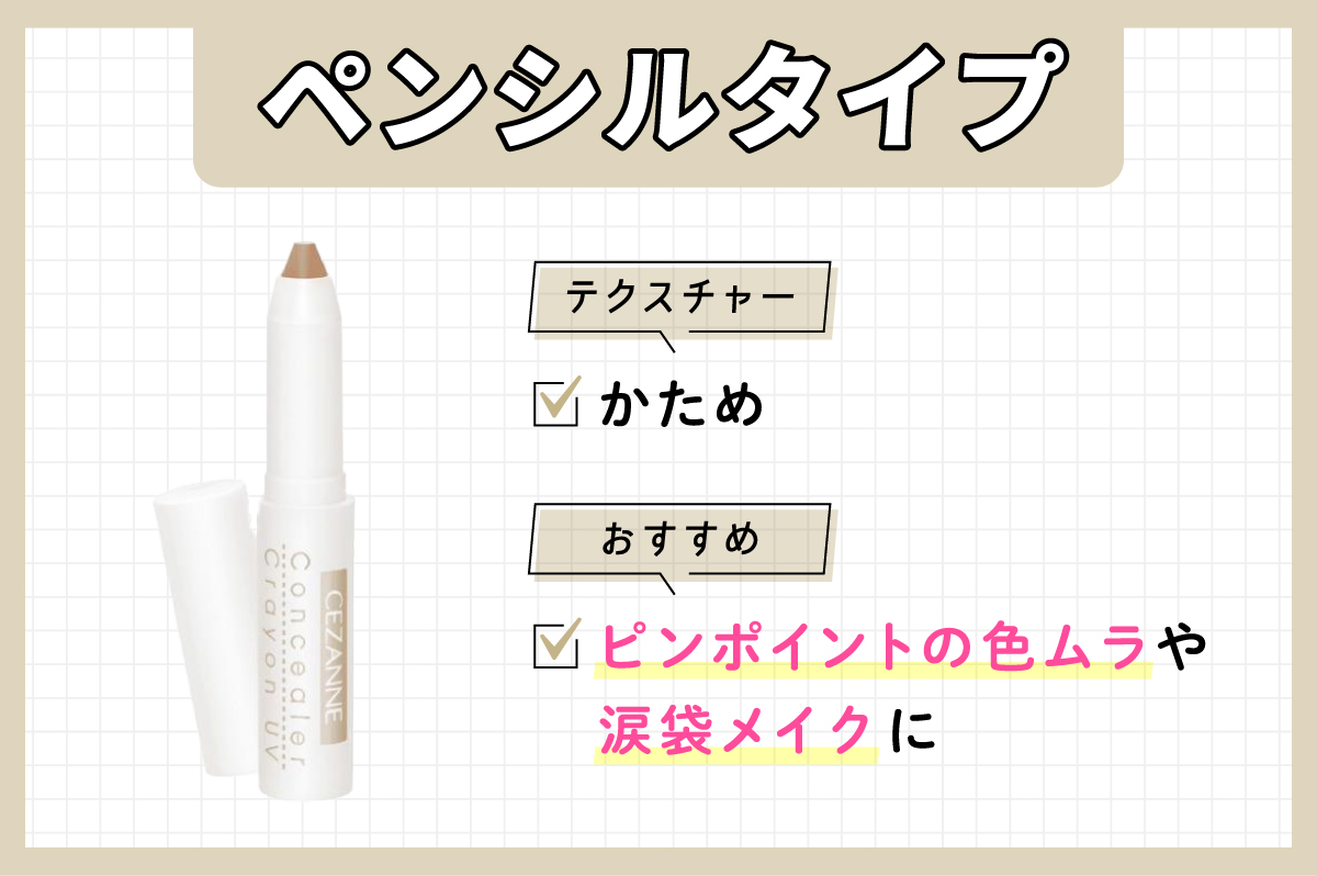 ペンシルタイプはかためのテクスチャーでピンポイントの色ムラや涙袋メイクにおすすめです。
