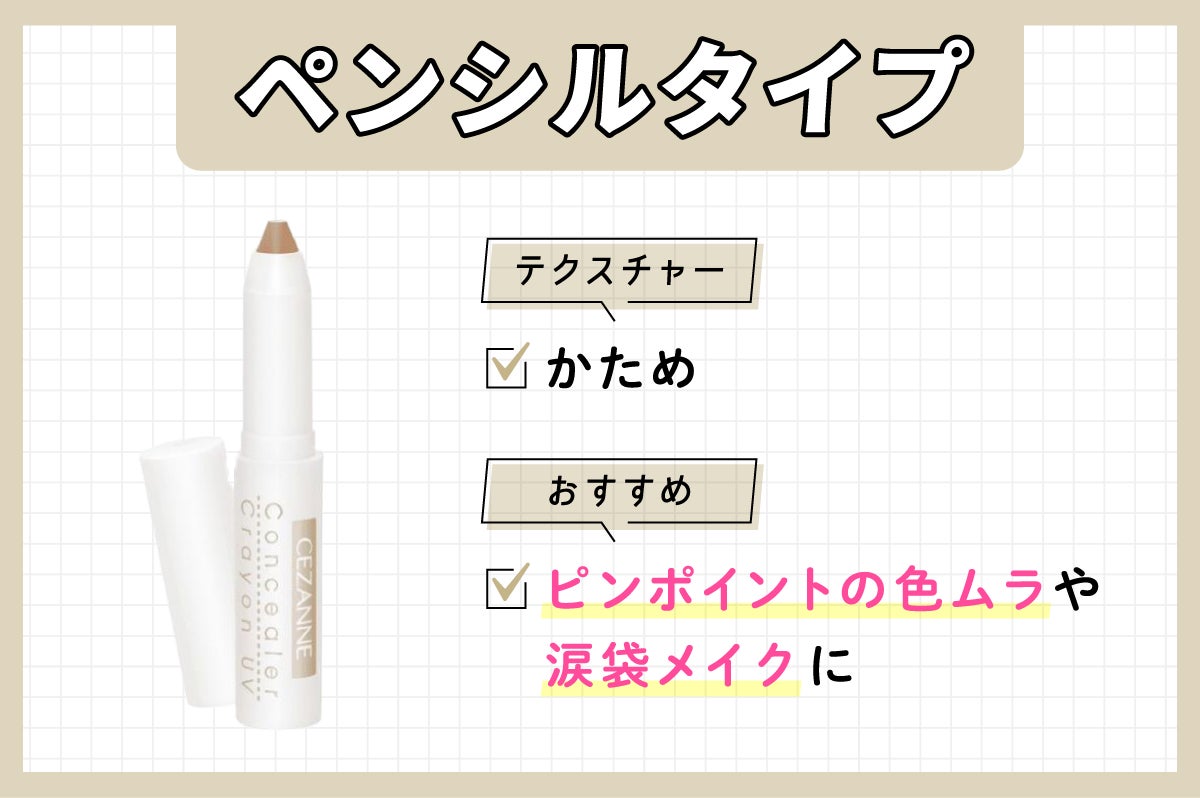 ペンシルタイプはかためのテクスチャーでピンポイントの色ムラや涙袋メイクにおすすめです。