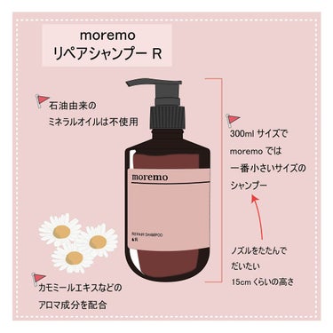 "moremoのシャンプーどれを使ったらいいの？"
➡お悩みなら、まずは 👉リペアシャンプーR👈から いかがでしょう🙏

moremo はアイテム数が多くて
「どれを使ったらいいの？」と聞かれがち...💧


特にシャンプーは量もあるし、
お店で買って帰ると結構重いし...
そんな風にお悩みの方、
moremoの”リぺアシャンプー″を
ダマされたと思って試してみて❕
(...これだけ300mlで使い切りやすいから🤣)


使ってみるとこんなメリット👇

🚩保湿しながら、髪の汚れをすっきりキレイに

🚩アロマの保湿成分とオーガニック成分がケア


髪に馴染みやすい17種のアミノ酸が髪のキューティクルに浸透しダメージ補修
&乾燥した髪にタンパク質も補給、
滑かでツヤのある髪にしてくれます💁💁‍♂️💧


もちろん毎日使うのもGood,
でも、「それほど髪が傷んでないよ」という方なら
「週に1~2回」くらいの頻度で髪のケアとして使うのもGood❕
それでもちゃんと効果が出てくれる感じですよ。
(*書いている人の個人的な感想...)




🧴🧴🧴公式🧴🧴🧴

📸Instagram
https://www.instagram.com/moremo.jp/?hl=ja

☁Twitter
https://twitter.com/moremojp

💓公式
https://moremo.jp/

🎁ZOZOTOWN
https://zozo.jp/shop/moremo/?p_scpid=25477の画像 その0