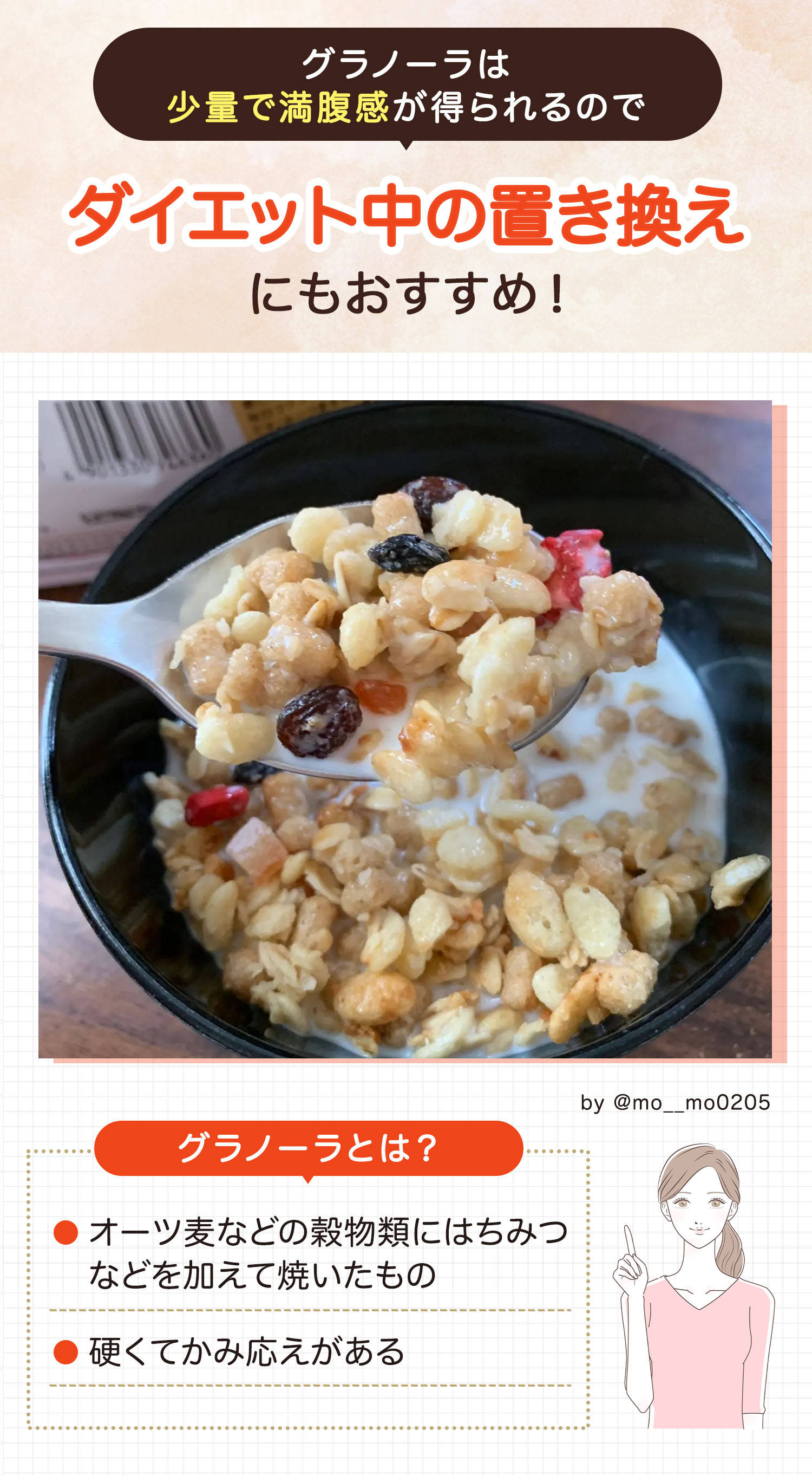 グラノーラは少量で満腹感が得られるのでダイエット中の置き換えにもおすすめ！グラノーラとはオーツ麦などの穀物類にはちみつなどを加えて焼いたもので硬くてかみ応えがある。