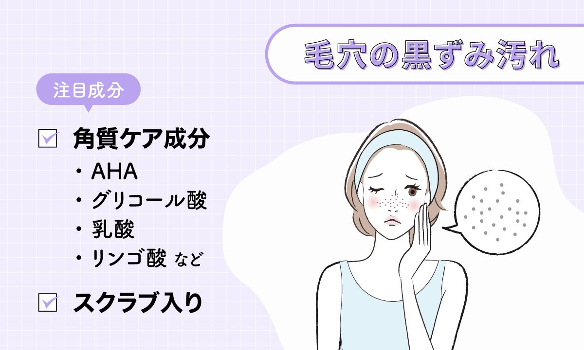 毛穴の黒ずみ汚れ対策の注目成分は、角質ケア成分のAHA、グリコール酸、乳酸、リンゴ酸など。スクラブ入りもチェック。