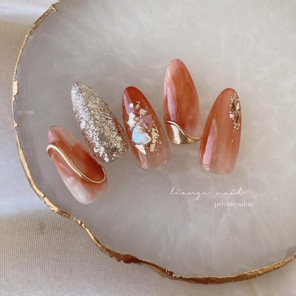 #ネイル,#大人ニュアンスネイル,#ニュアンスネイル,#ジェルネイル,#ミラーネイル,#オレンジネイル,#夏ネイル,#シェルネイルのネイルデザイン