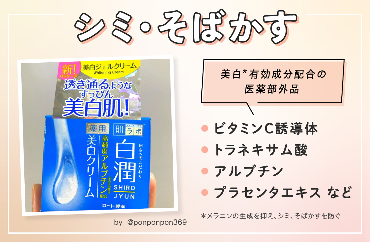 シミ・そばかすには美白*有効成分配合の医薬部外品がおすすめです。注目成分はビタミンC誘導体・トラネキサム酸・アルブチン・プラセンタエキスなど。*メラニンの生成を抑え、シミ、そばかすを防ぐ