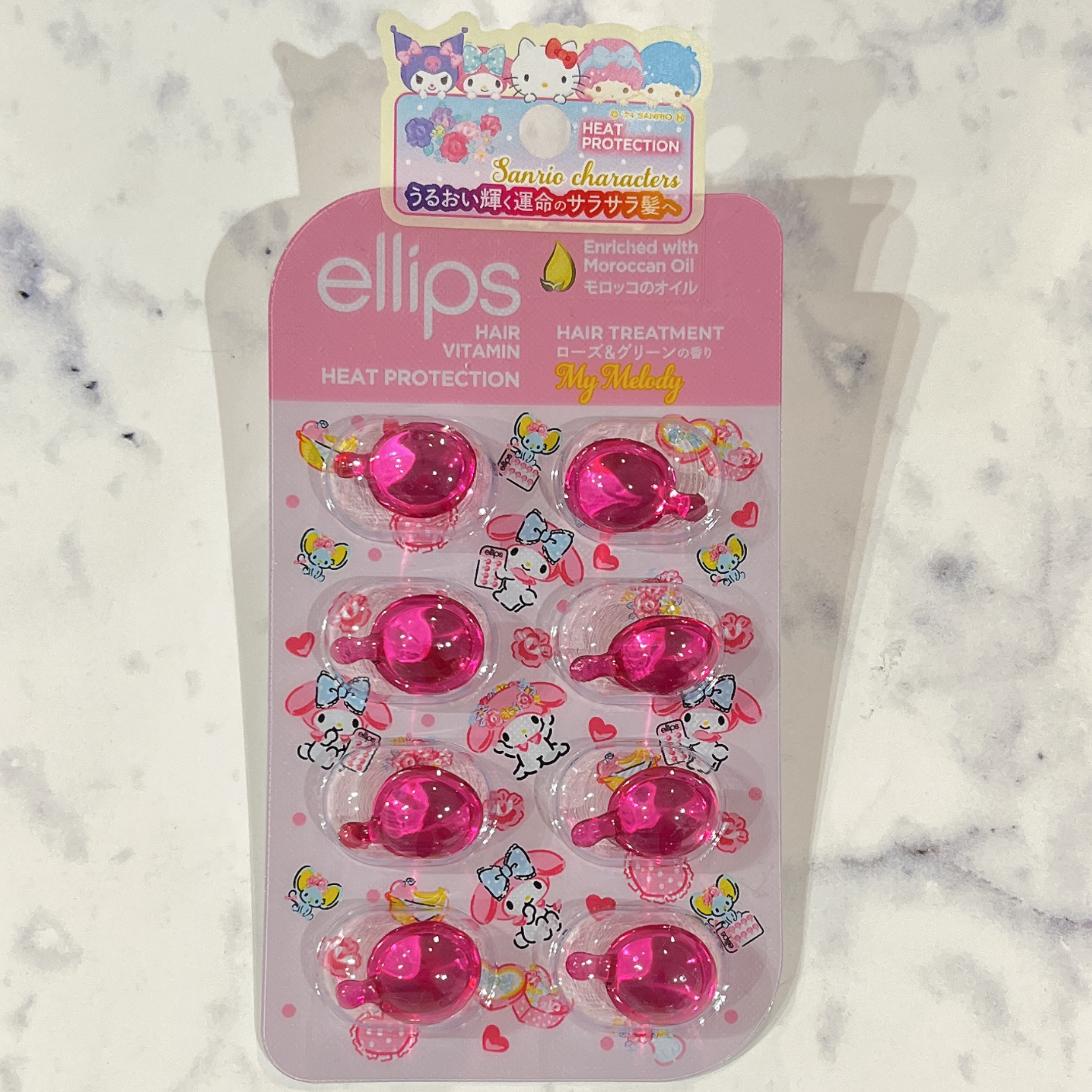  【サンリオ限定デザイン】ellips（エリップス）ヘアオイル シートタイプ8粒 （ピンク／ローズ＆グリーンの香り）マイメロ/ellips/ヘアオイルを使ったクチコミ（1枚目）