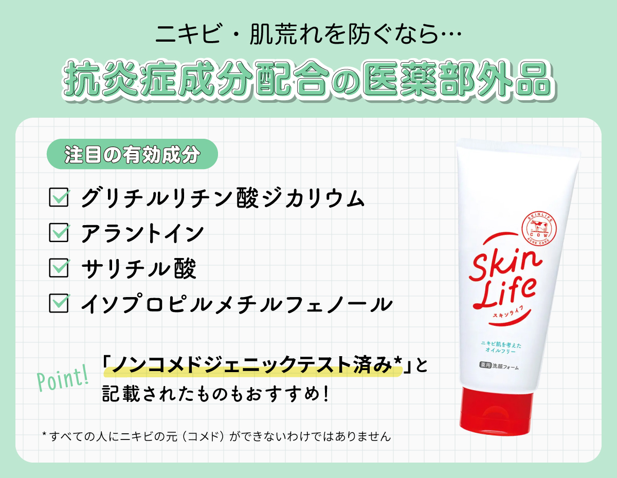ニキビ・肌荒れを防ぐなら抗炎症成分配合の医薬部外品。注目の有効成分はグリチルリチン酸ジカリウム・アラントイン・サリチル酸・イソプロピルメチルフェノールです。「ノンコメドジェニックテスト済み*」と記載されたものもおすすめ！*すべての人にニキビの元（コメド）ができないわけではありません