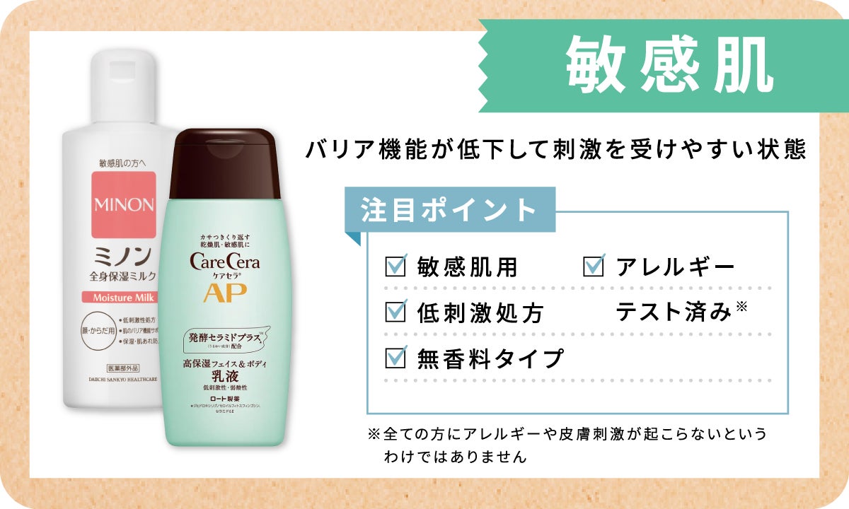 敏感肌はバリア機能が低下して刺激を受けやすい状態。注目ポイントは敏感肌用・低刺激処方・アレルギーテスト済み*・無香料タイプ 。