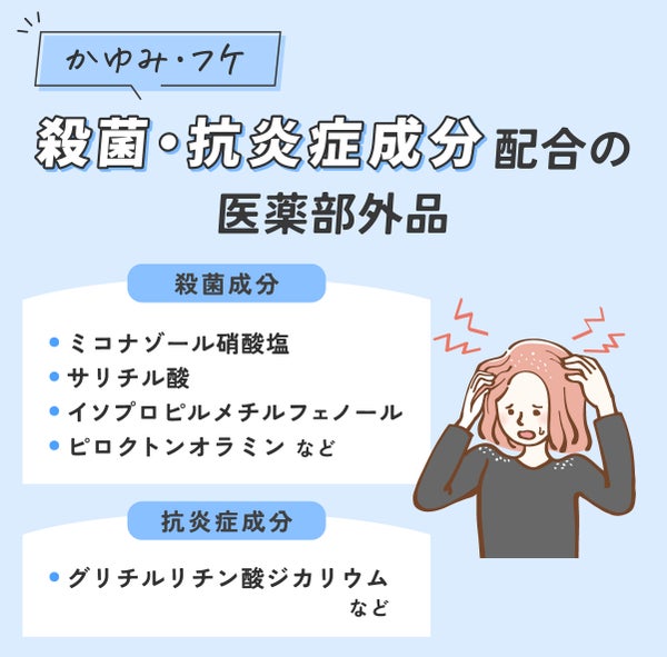 かゆみ・フケには殺菌・抗炎症成分配合の医薬部外品がおすすめ。殺菌成分はミコナゾール硝酸塩・サリチル酸・イソプロピルメチルフェノール・ピロクトンオラミンなど。抗炎症成分はグリチルリチン酸ジカリウムなど。
