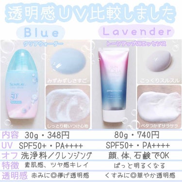 色素薄い✨透明感出る!!と話題の『色付きUV』徹底的に比べてみました👿💓

プチプラなのにすごい優秀なアイテムたちです👼

💙クリアウォーター(サンプレイ)
儚げな透明感がほしい人に(っ⸝⸝ᵕᴗᵕ⸝⸝ｃ