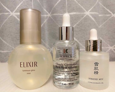 ◎手放せないアイテムと私の使い方ご紹介
.
左から
◯ELIXIR シュペリエル つや玉ミスト
こちらはおすすめされて早速買ってみた！
普段メイク直しの時とお風呂上がり、スキンケアの途中で
ミスト状の化