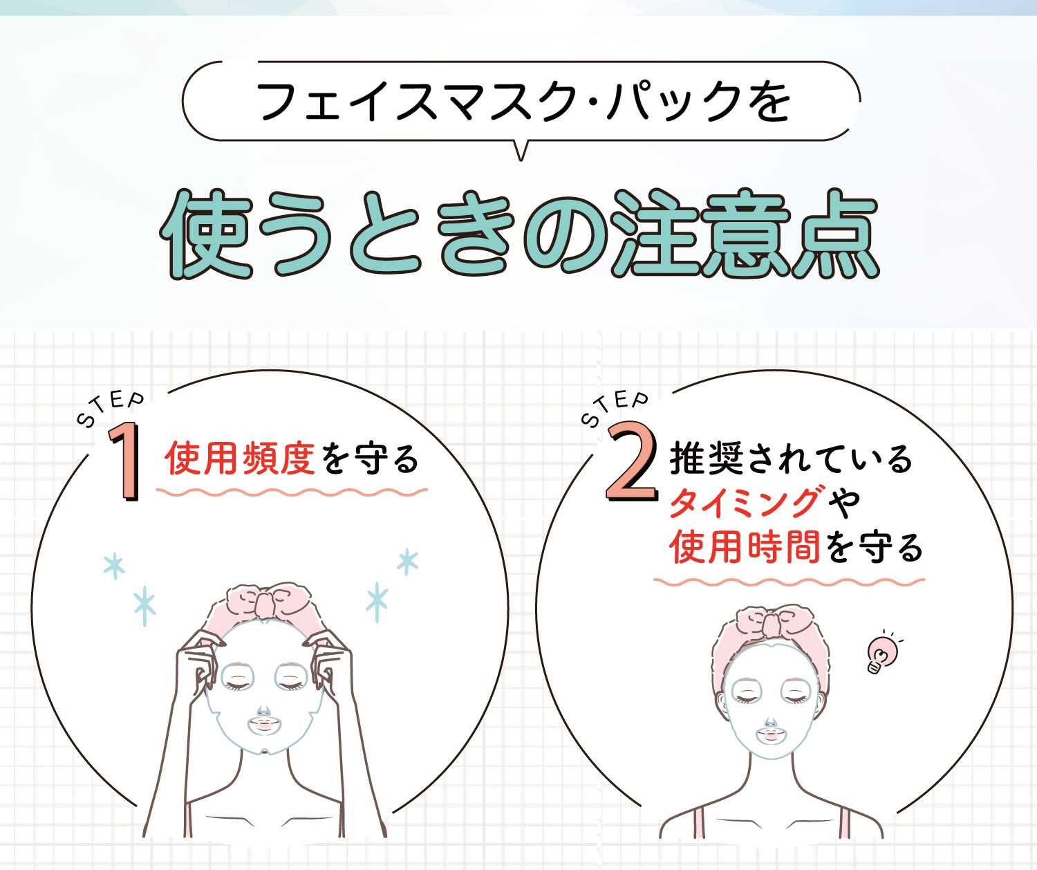 フェイスマスク・パックを使うときの注意点。使用頻度を守る。推奨されているタイミングや使用時間を守る。