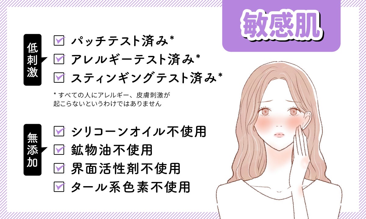 敏感肌の人は低刺激や無添加処方のアイテムがおすすめ。 低刺激はパッチテスト済み*・アレルギーテスト済み*・スティンギングテスト済み*かをチェック。無添加はシリコーンオイル不使用・鉱物油不使用・界面活性剤不使用・タール系色素不使用に着目。*すべての人にアレルギー、皮膚刺激が起こらないというわけではありません