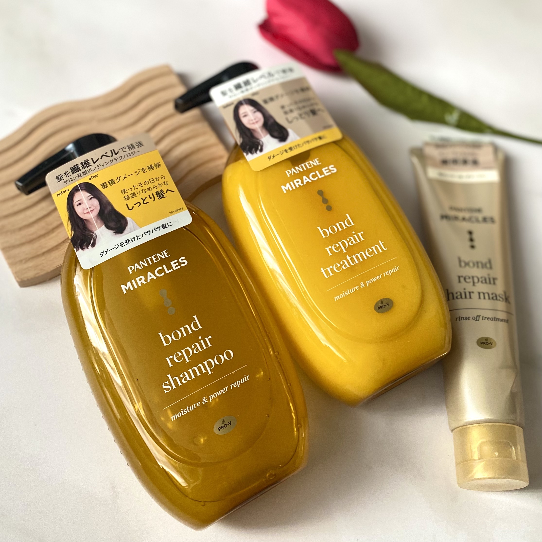 〻パンテーンミラクルズボンドリペア 
モイスチャー＆パワーリペア〻
❥︎シャンプー/トリートメント/ヘアマスク  

ダメージやパサつきのある髪でも
サラサラ感が得られるシャントリ⸝⋆

シャンプーは水っぽいテクスチャでしたが
しっかりと泡