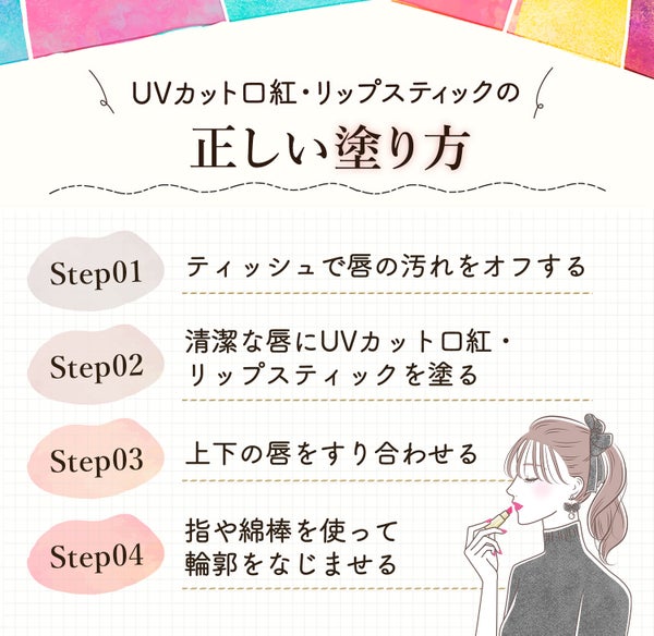UVカット口紅・リップスティックの正しい塗り方。ティッシュで唇の汚れをオフして清潔な唇にUVカット口紅・リップスティックを塗る。上下の唇をすり合わせる。指や綿棒を使って輪郭をなじませる。