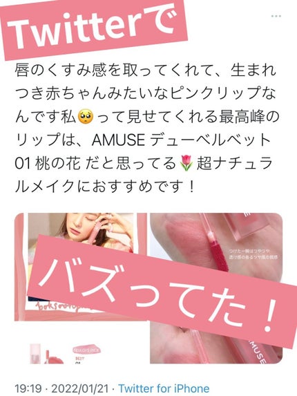 デュー ベルベット 01桃の花/AMUSE/口紅を使ったクチコミ(1枚目)