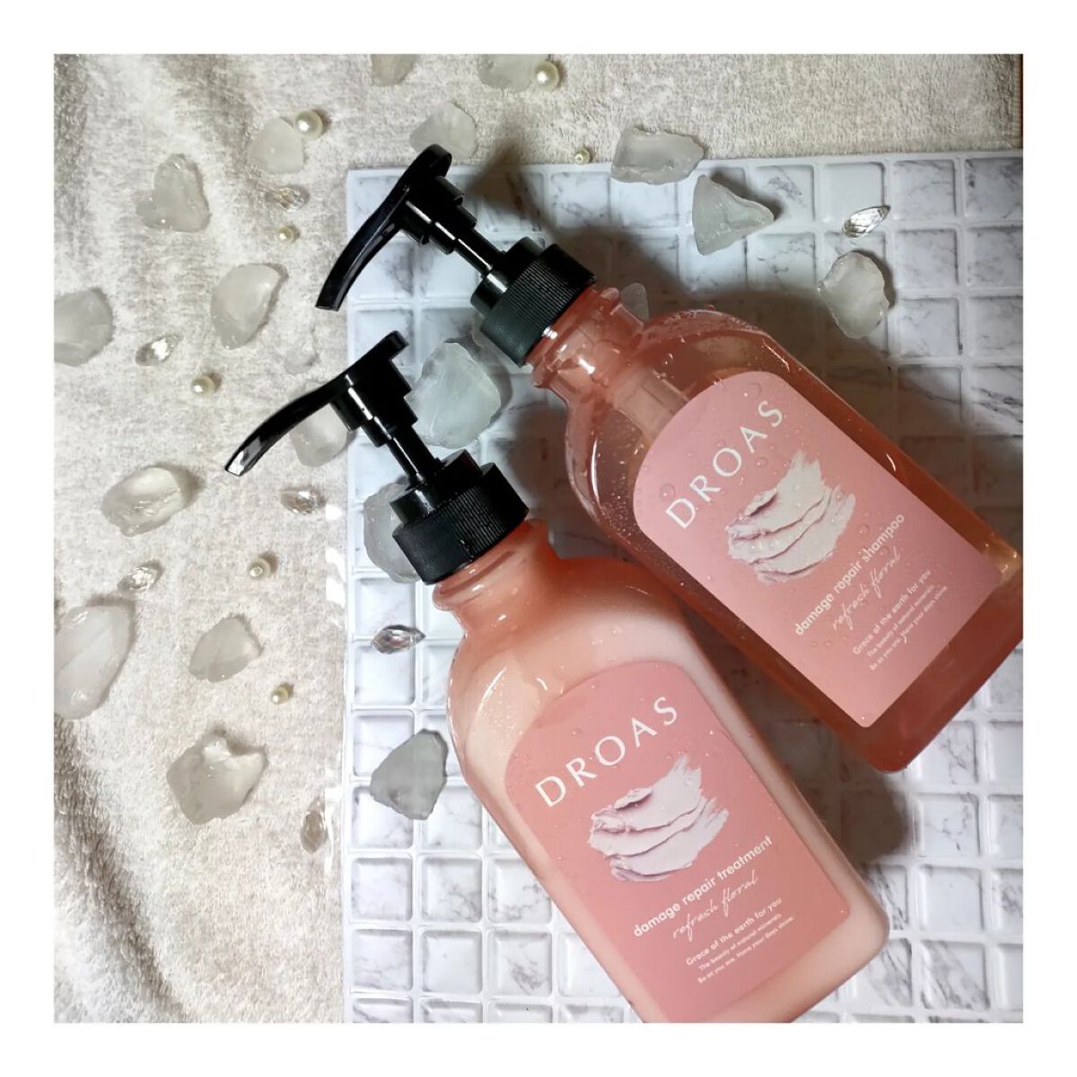 『DROAS　ダメージリペア　シャンプー＆トリートメント』

の使用感レポです🫧

こちらなりたい髪に合わせて
・シルキークレンズ
・ダメージリペア
・モイストグロッシー
の3タイプから選ぶのですが私は今回、、、

『地肌汚れを優しく吸着