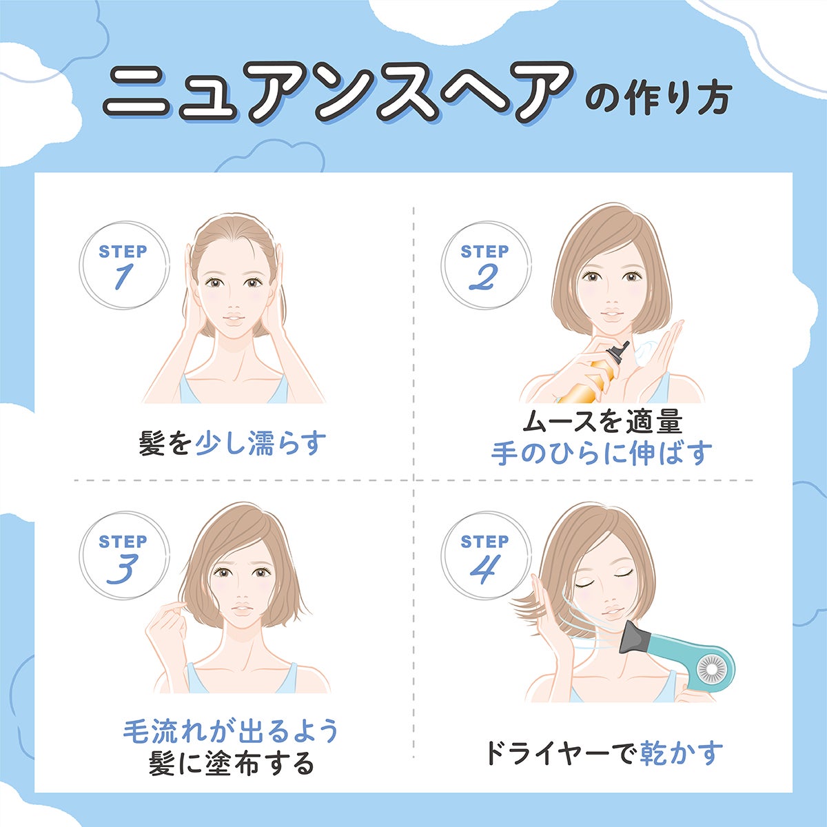 ヘアムースを使ったニュアンスヘアの簡単な作り方。①髪を少し濡らす②ムースを適量手のひらに伸ばす③毛流れが出るよう髪に塗布する④ドライヤーで乾かす