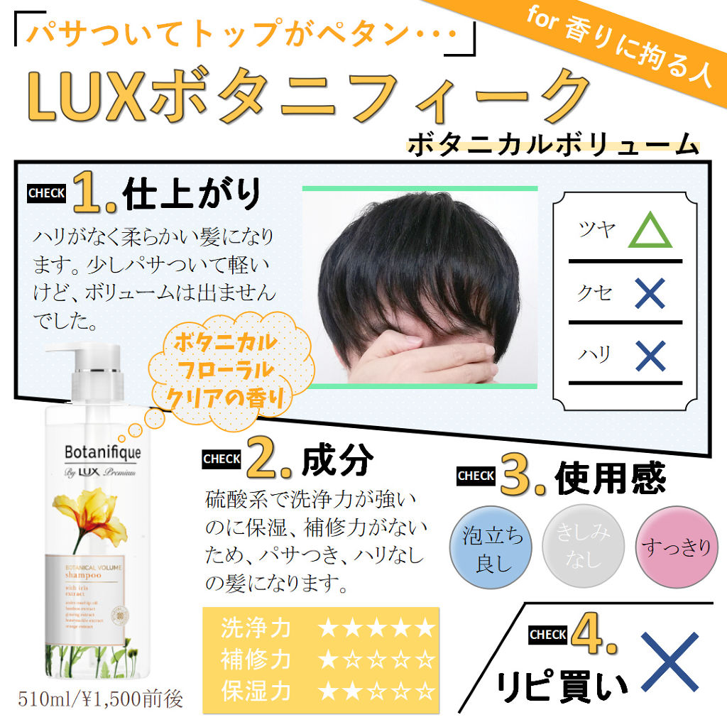 LUX ボタニフィークボタニカルボリュームシャンプーのクチコミ「【ラックスボタニフィークボタニカルボリュームのレビュー】

ふんわりエアリーな仕上がりにな.....」（1枚目）