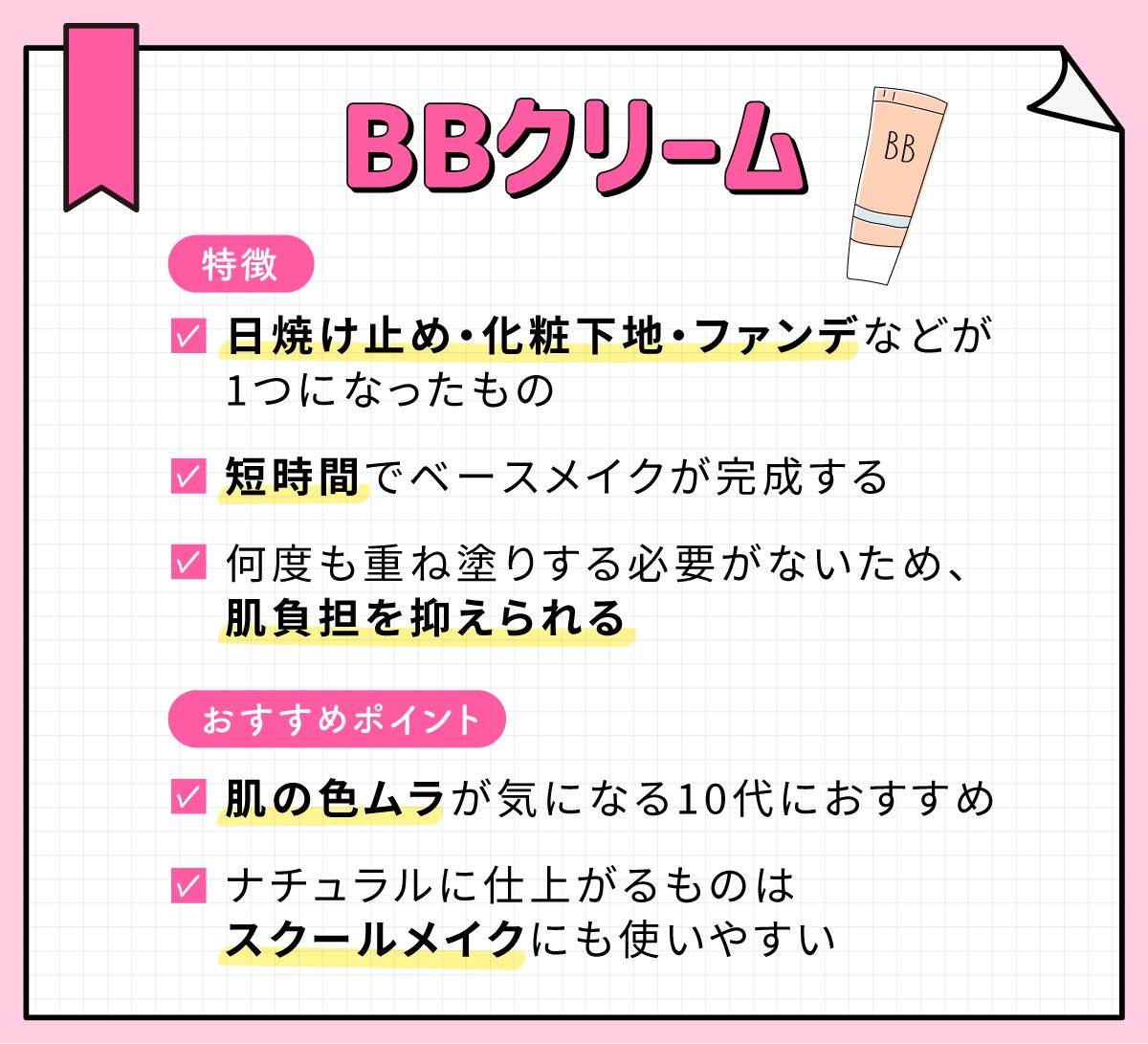 BBクリームは日焼け止め・化粧下地・ファンデなどが1つになったもので短時間でベースメイクが完成するのが特徴です。何度も重ね塗りする必要がないため、肌負担を抑えられます。肌の色ムラが気になる10代におすすめでナチュラルに仕上がるものはスクールメイクにも使いやすいです。