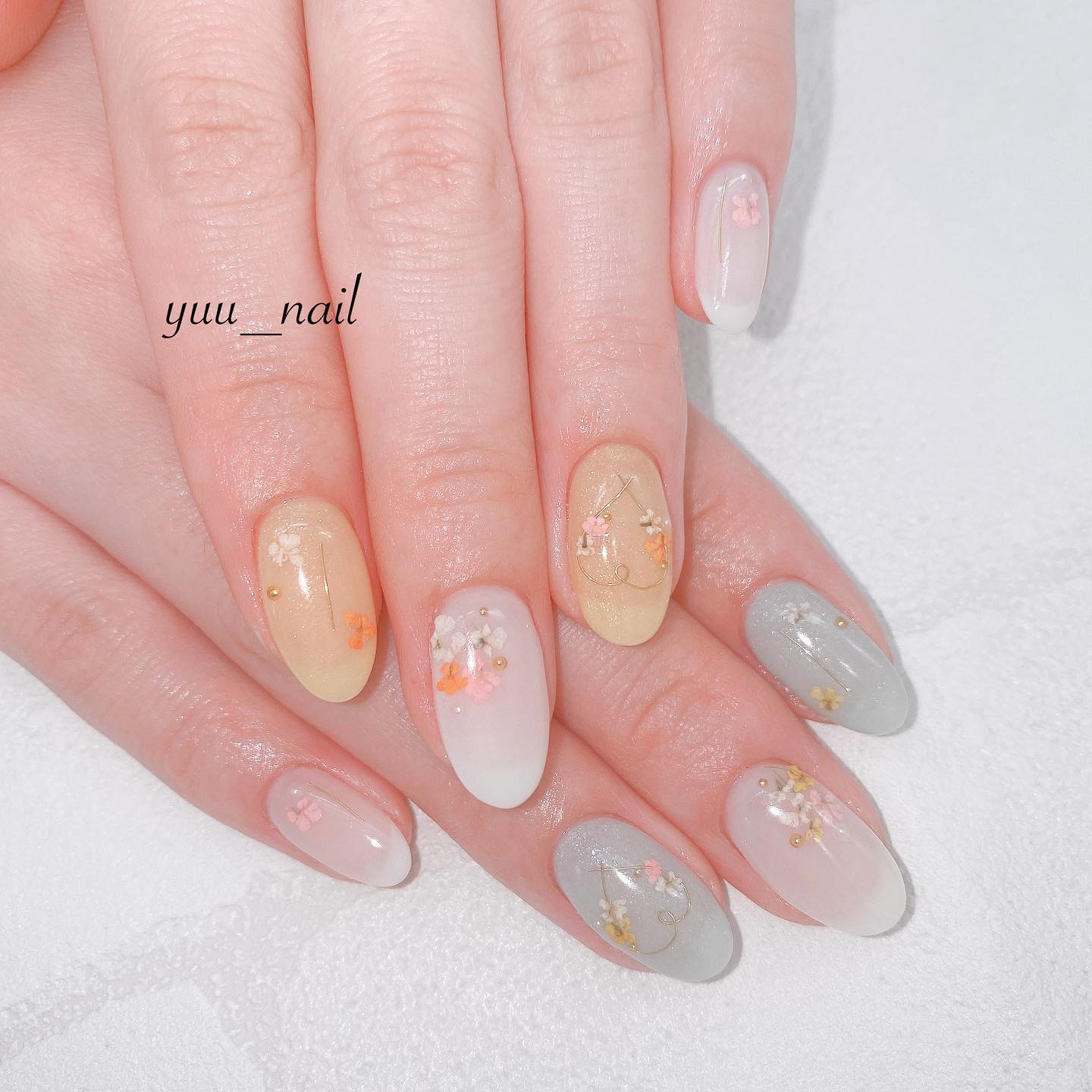 #ネイル,#ジェルネイル,#ニュアンスネイル,#キラキラネイル,#ドライフラワーネイル,#春ネイル,#パステルネイルのネイルデザイン