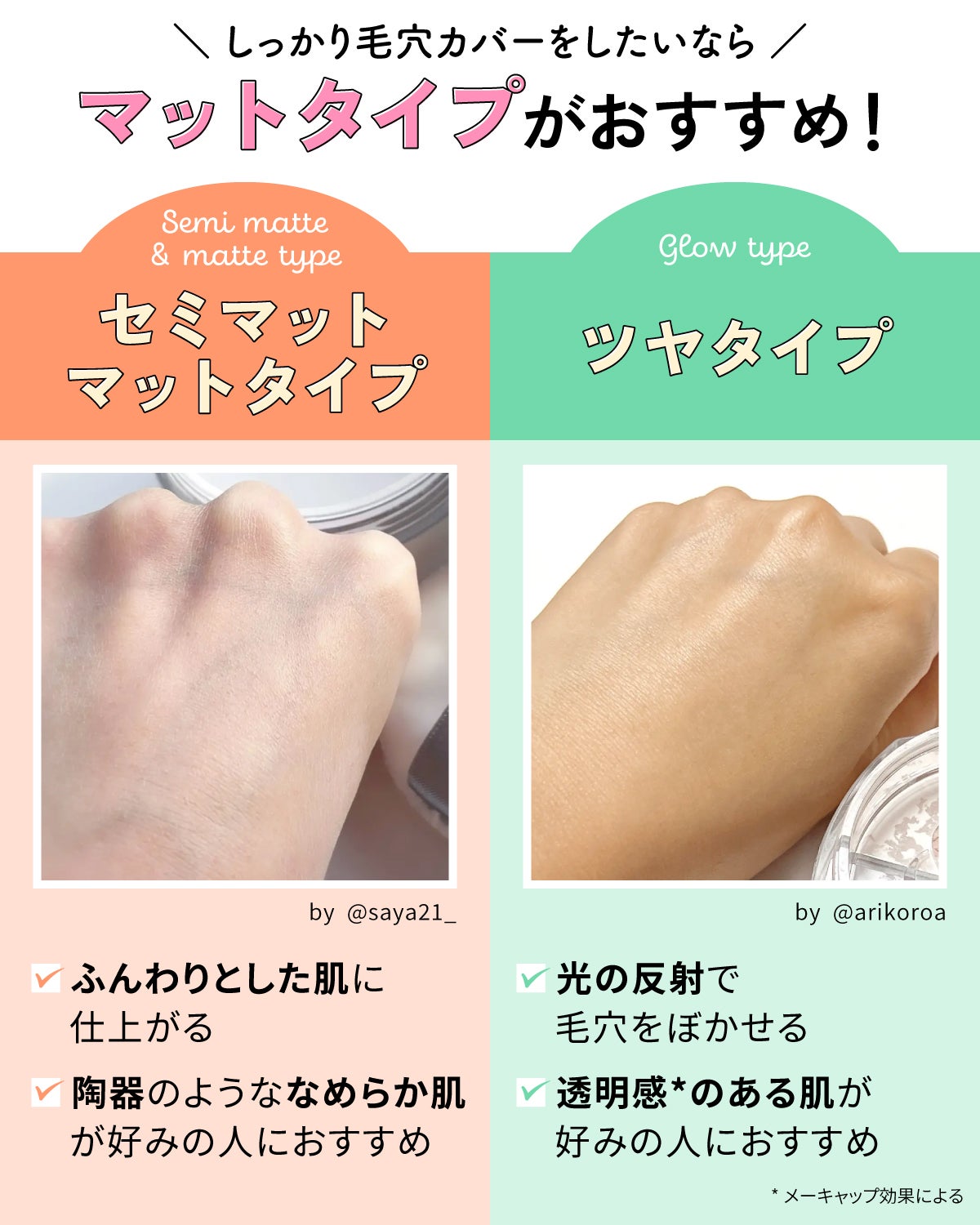 しっかり毛穴カバーをしたいならマットタイプがおすすめ!セミマット・マットタイプはふんわりとした肌に仕上がり陶器のようななめらか肌が好みの人におすすめ。ツヤタイプは光の反射で毛穴をぼかせ、透明感*のある肌が好みの人におすすめ。*メーキャップ効果による