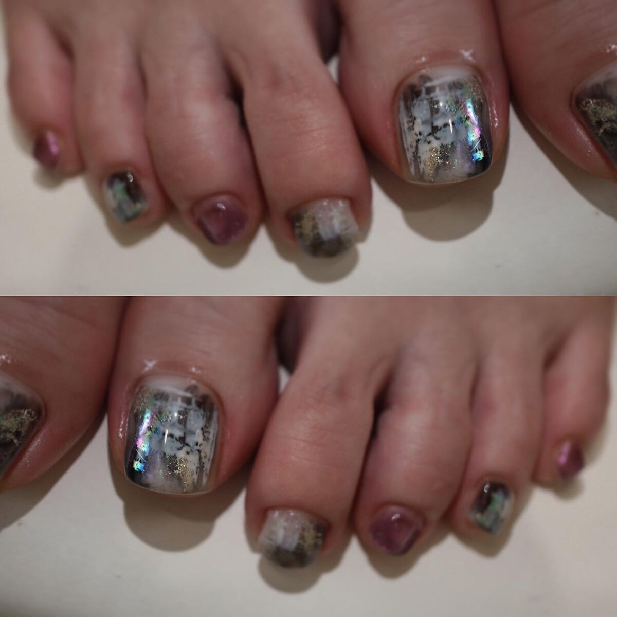 #ニュアンスネイル,#左右非対称ネイル,#鼈甲ネイル,#秋フットネイル,#冬フットネイル,#個性派ネイルのネイルデザイン