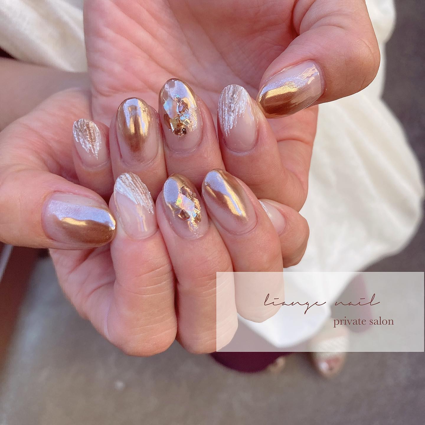 #リアンジェネイル,#柏ネイル,#ネイル,#ニュアンスネイル,#大人ニュアンスネイル,#夏ネイル,#シェルネイル,#ミラーネイルのネイルデザイン