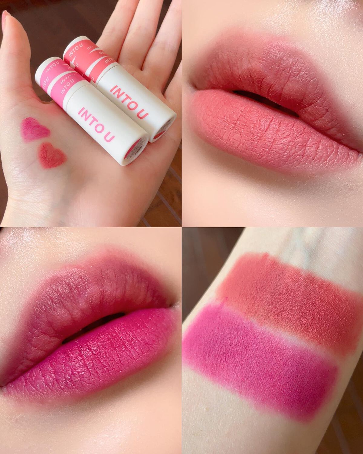 スーパーマットリップ＆チークマッド EM22 ハリウッドマゼンタ/INTO U/口紅を使ったクチコミ（3枚目）