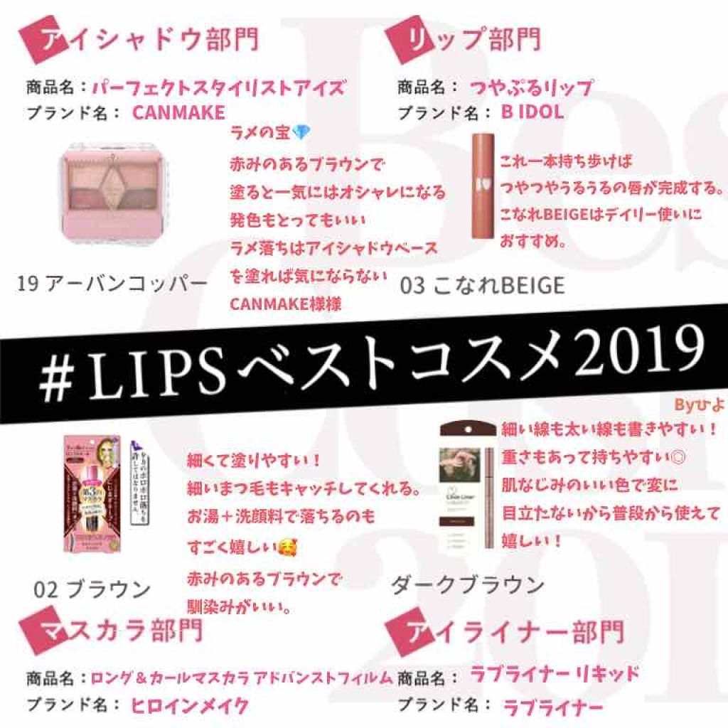 アイシャドウは色々使ってきたけどCANMAKE様の凄さを改めて感じました！
これからステキなコスメに出会えるようにバンバン貢ぎたいと思います💄✨
皆さまの一つの参考にしてもらえると嬉しいです！
#LIPPSベストコスメ2019 