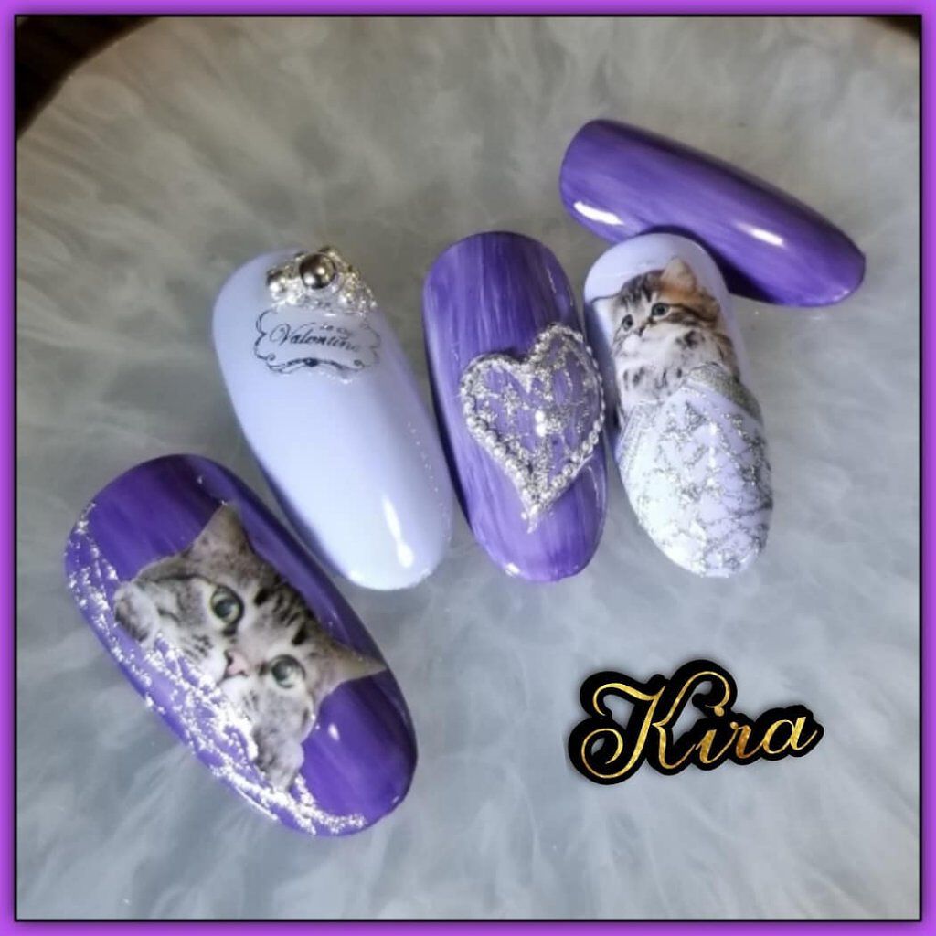#ネイル,#ジェルネイル,#パープルネイル,#猫ネイル,#ネコネイル,#キラキラネイルのネイルデザイン