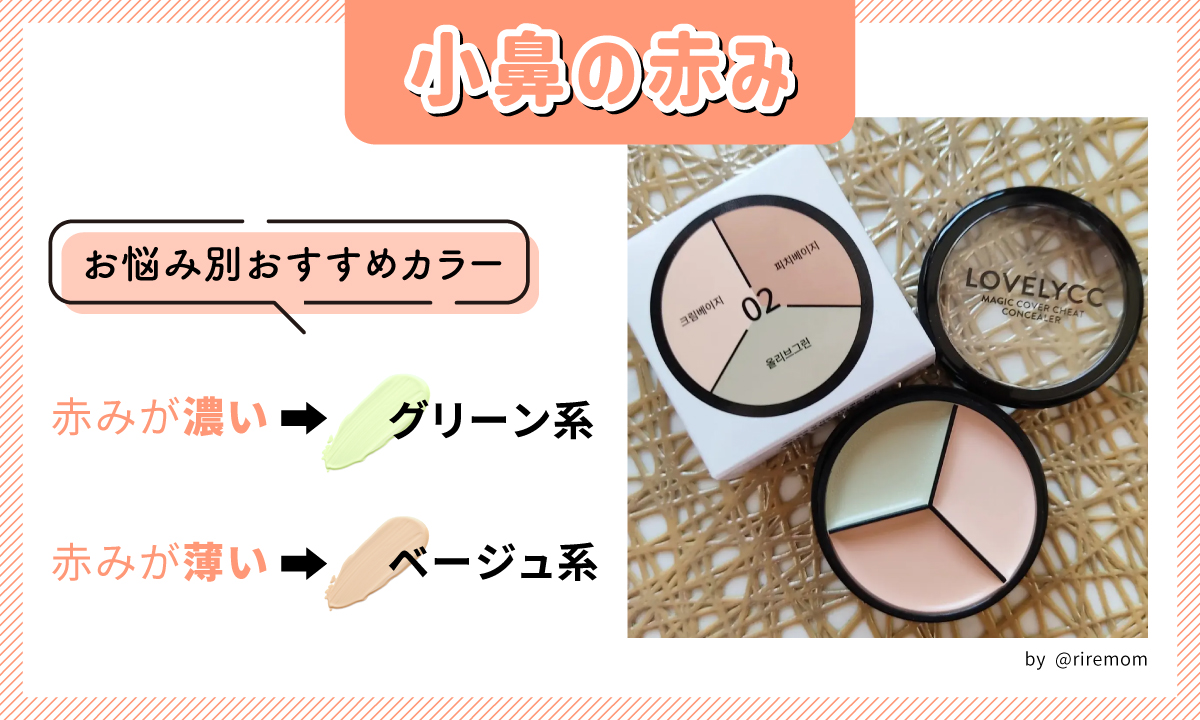 小鼻の赤みお悩み別おすすめカラー。赤みが濃いならグリーン系・赤みが薄いならベージュ系がおすすめです。