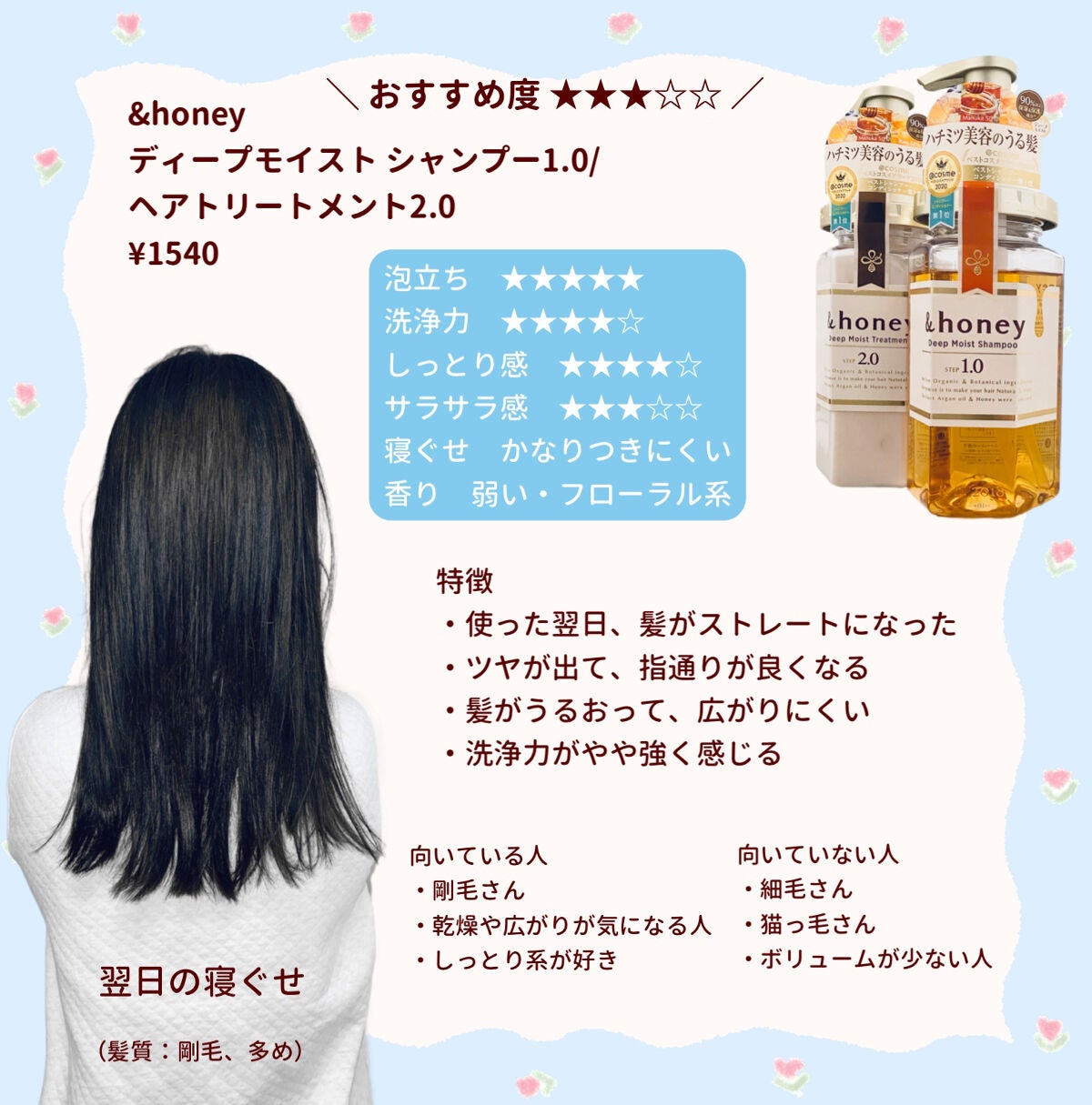 ディープモイスト シャンプー1.0/ヘアトリートメント2.0/&honey/市販シャンプーを使ったクチコミ(5枚目)