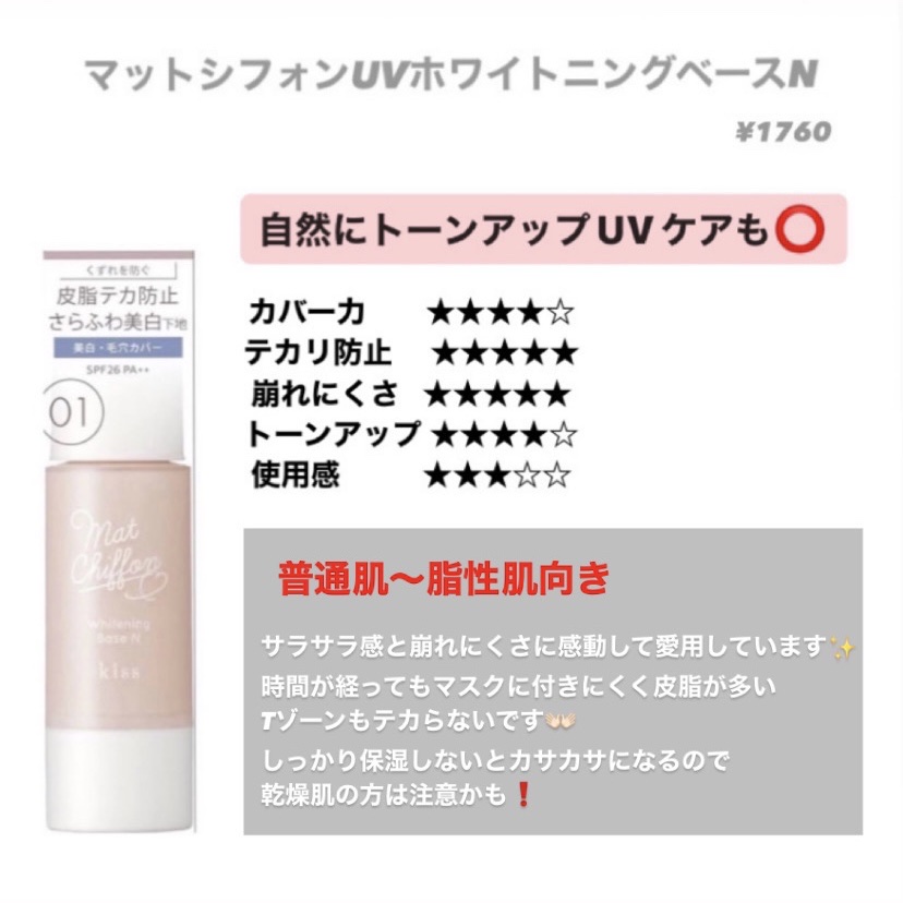 マットシフォン UVホワイトニングベースN/KiSS/化粧下地を使ったクチコミ（2枚目）