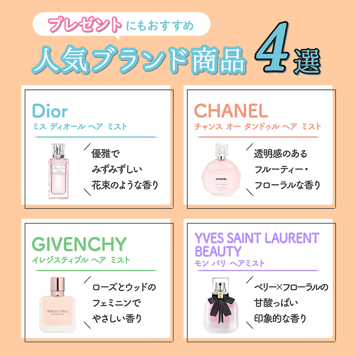 プレゼントにもおすすめの人気ブランド商品4選 。Dior「ミス ディオール ヘア ミスト」は優雅でみずみずしい花束のような香り。CHANEL「チャンス オー タンドゥル ヘア ミスト」は透明感のあるフルーティー・フローラルな香り。GIVENCHY「イレジスティブル ヘア ミスト」はローズとウッドのフェミニンでやさしい香り。YVES SAINT LAURENT BEAUTY「モン パリ ヘアミスト」は、ベリー×フローラルの甘酸っぱい印象的な香り。