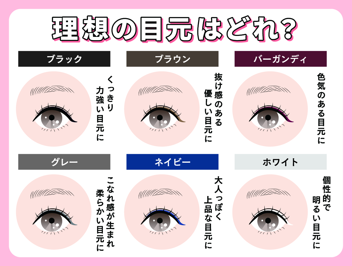あなたの理想の目元はどれ？ブラックならくっきり力強い目元に。ブラウンは抜け感のある優しい目元に。バーガンディは色気のある目元に。グレーはこなれ感が生まれ柔らかい目元に。ネイビーは大人っぽく上品な目元に。ホワイトは個性的で明るい目元になれます。